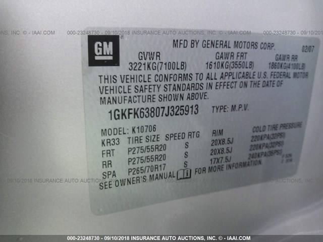 1GKFK63807J325913 - 2007 GMC YUKON DENALI GOLD photo 9