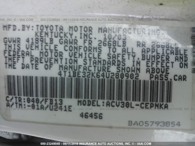 4T1BE32K64U280902 - 2004 TOYOTA CAMRY LE/XLE/SE WHITE photo 9