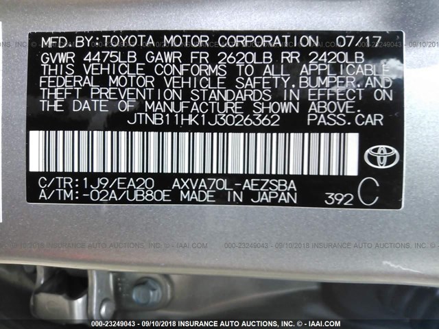 JTNB11HK1J3026362 - 2018 TOYOTA CAMRY L/LE/XLE/SE/XSE SILVER photo 9