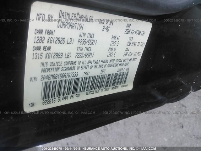 2A4GM68466R787333 - 2006 CHRYSLER PACIFICA TOURING BLACK photo 9