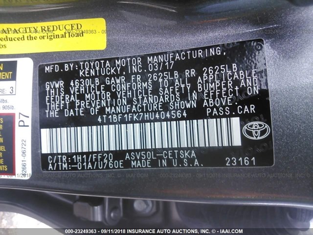 4T1BF1FK7HU404564 - 2017 TOYOTA CAMRY LE/XLE/SE/XSE GRAY photo 9