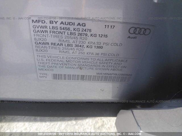 WA1BNAFY8J2089586 - 2018 AUDI Q5 PREMIUM PLUS SILVER photo 9