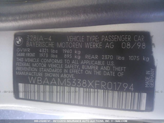 WBAAM5338XFR01794 - 1999 BMW 328 I AUTOMATIC Weiß Foto 9