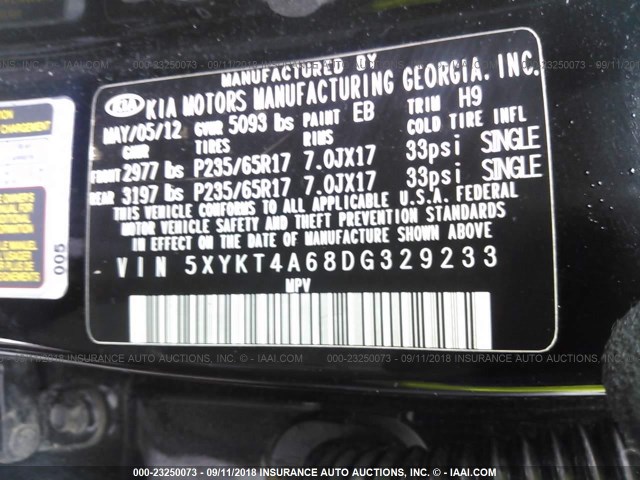 5XYKT4A68DG329233 - 2013 KIA SORENTO LX BLACK photo 9