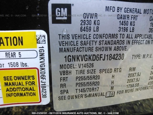 1GNKVGKD6FJ184230 - 2015 CHEVROLET TRAVERSE LT BLACK photo 9