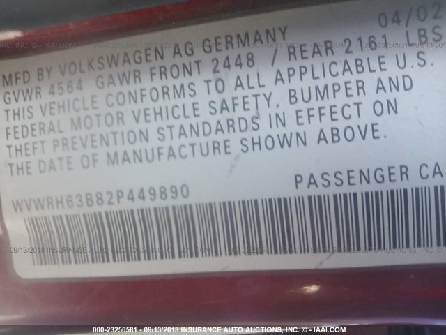 WVWRH63B82P449890 - 2002 VOLKSWAGEN PASSAT GLX 栗色 照片 9