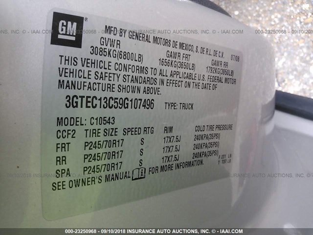 3GTEC13C59G107496 - 2009 GMC SIERRA C1500/C1500 SL GRAY photo 9