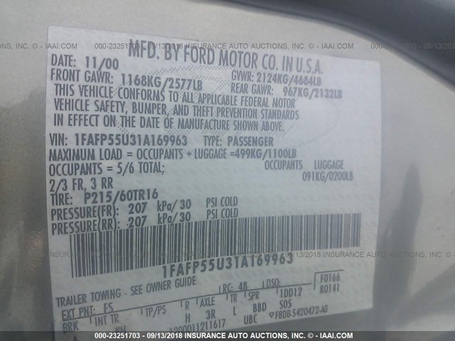 1FAFP55U31A169963 - 2001 FORD TAURUS SES Champagne photo 9