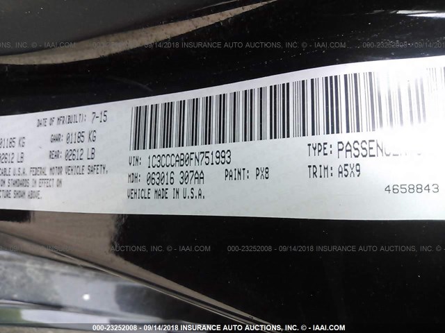 1C3CCCAB0FN751993 - 2015 CHRYSLER 200 LIMITED BLACK photo 9