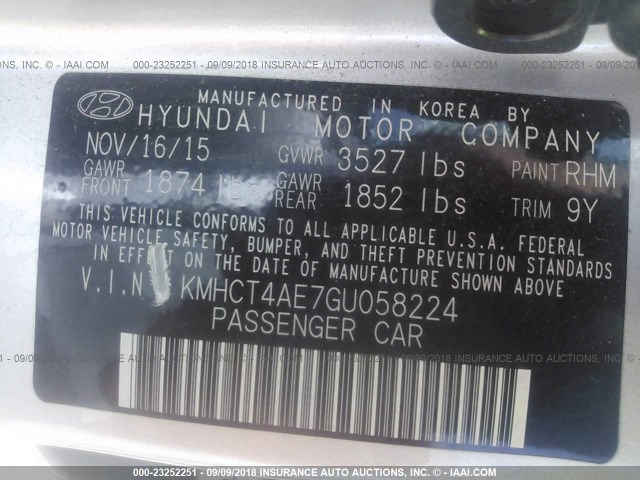 KMHCT4AE7GU058224 - 2016 HYUNDAI ACCENT SE SILVER photo 9