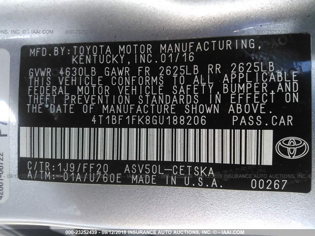 4T1BF1FK8GU188206 - 2016 TOYOTA CAMRY LE/XLE/SE/XSE SILVER photo 9