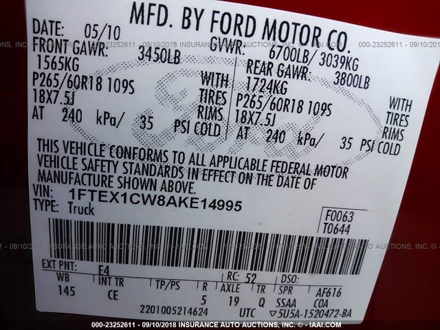 1FTEX1CW8AKE14995 - 2010 FORD F150 SUPER CAB RED photo 9