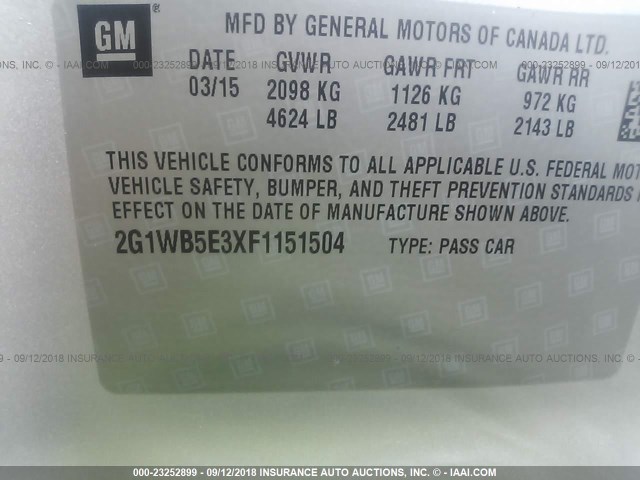 2G1WB5E3XF1151504 - 2015 CHEVROLET IMPALA LIMITED LT SILVER photo 9