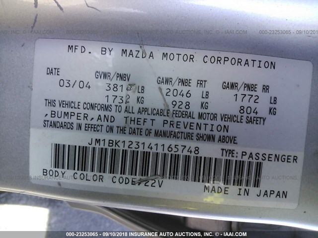 JM1BK123141165748 - 2004 MAZDA 3 S SILVER photo 9