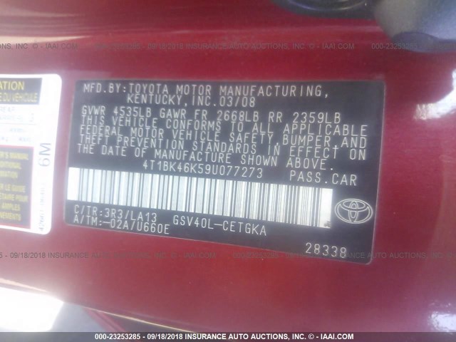 4T1BK46K59U077273 - 2009 TOYOTA CAMRY SE/LE/XLE RED photo 9