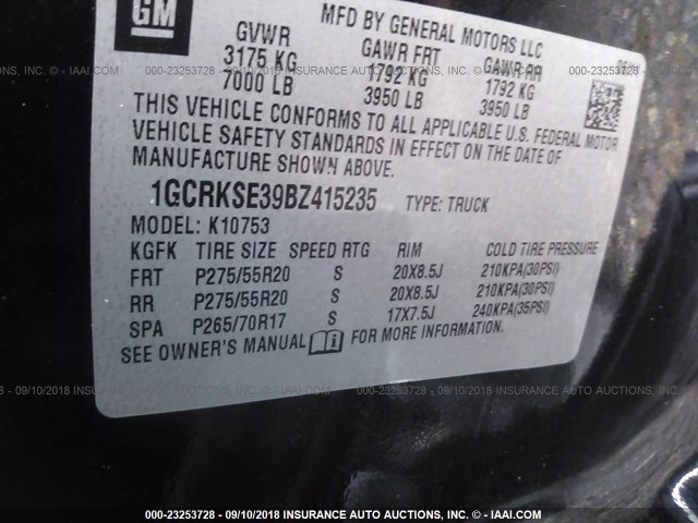 1GCRKSE39BZ415235 - 2011 CHEVROLET SILVERADO K1500 LT შავი ფოტო 9