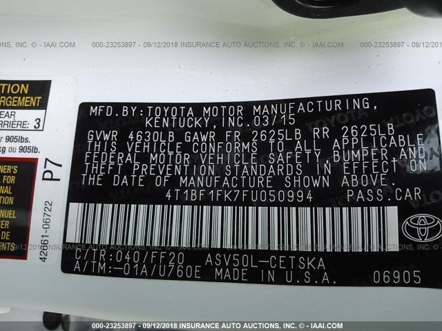 4T1BF1FK7FU050994 - 2015 TOYOTA CAMRY LE/XLE/SE/XSE WHITE photo 9