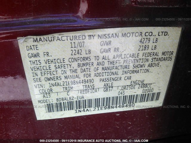 1N4AL21E98N449490 - 2008 NISSAN ALTIMA 2.5/2.5S RED photo 9