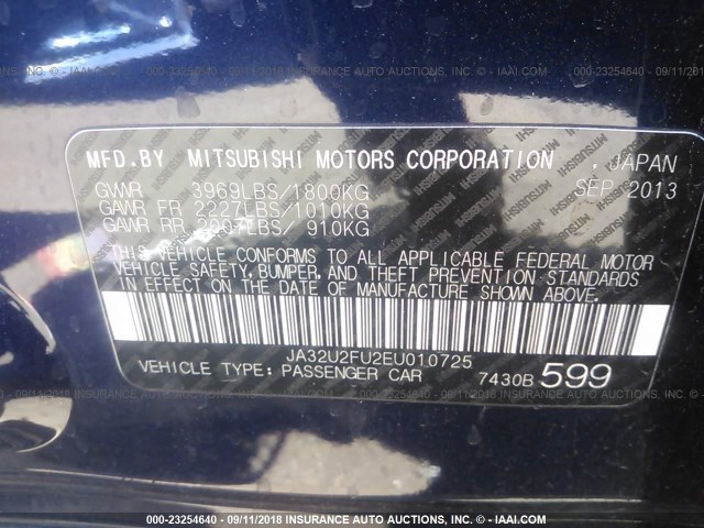 JA32U2FU2EU010725 - 2014 MITSUBISHI LANCER ES/ES SPORT BLUE photo 9