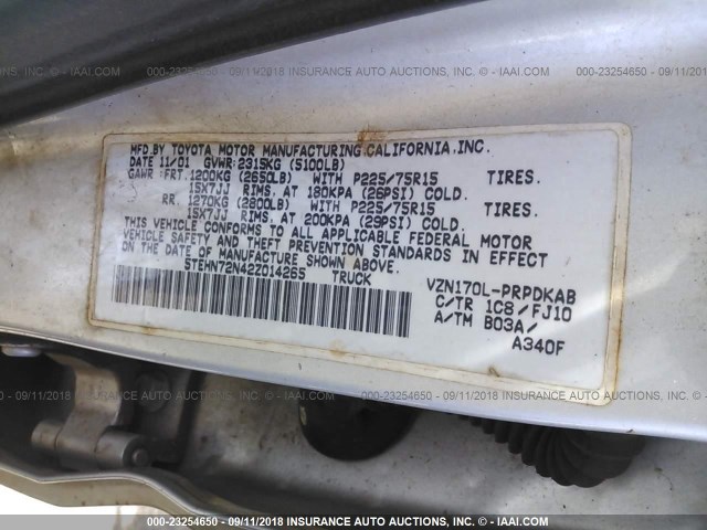 5TEHN72N42Z014265 - 2002 TOYOTA TACOMA DOUBLE CAB 银色 照片 9