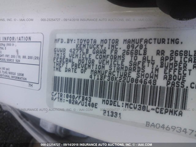 4T1BF30K22U004648 - 2002 TOYOTA CAMRY LE/XLE/SE WHITE photo 9