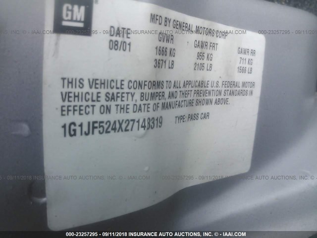 1G1JF524X27148319 - 2002 CHEVROLET CAVALIER LS GRAY photo 9