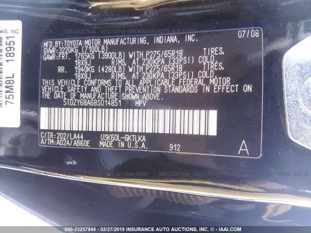 5TDZY68A68S014851 - 2008 TOYOTA SEQUOIA LIMITED BLACK photo 9