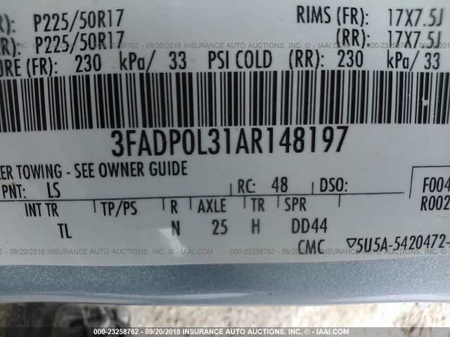 3FADP0L31AR148197 - 2010 FORD FUSION HYBRID BLUE photo 9