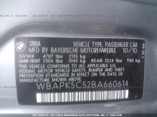 WBAPK5C52BA660614 - 2011 BMW 328 XI SULEV GRAY photo 9