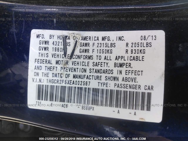 1HGCR2F5XEA002567 - 2014 HONDA ACCORD SPORT BLUE photo 9