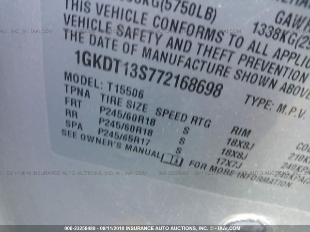 1GKDT13S772168698 - 2007 GMC ENVOY SILVER photo 9