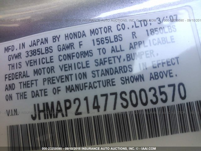 JHMAP21477S003570 - 2007 HONDA S2000 GRAY photo 9