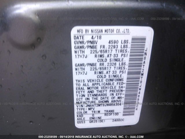 JN8AT2MT8JW469304 - 2018 NISSAN ROGUE S/SL/SV GRAY photo 9