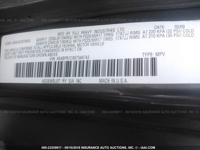 4S4BP61C997346743 - 2009 SUBARU OUTBACK 2.5I BLACK photo 9