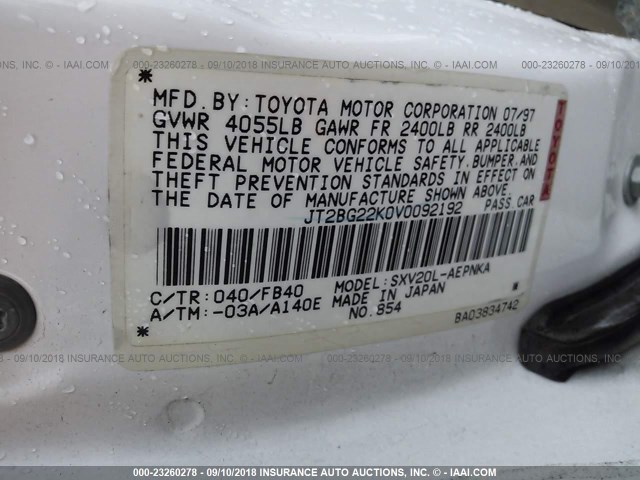 JT2BG22K0V0092192 - 1997 TOYOTA CAMRY LE/XLE WHITE photo 9