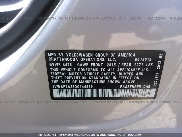 1VWAP7A35DC144839 - 2013 VOLKSWAGEN PASSAT S SILVER photo 9