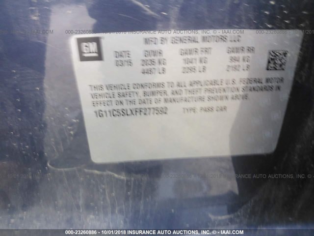 1G11C5SLXFF277592 - 2015 CHEVROLET MALIBU 1LT BLUE photo 9