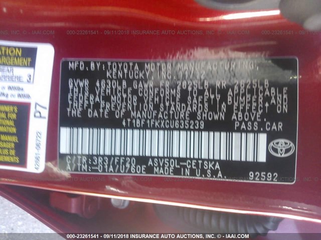 4T1BF1FKXCU635239 - 2012 TOYOTA CAMRY SE/LE/XLE RED photo 9