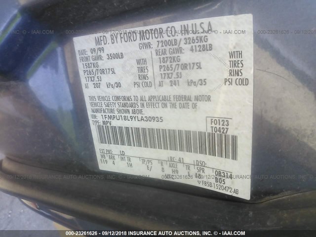 1FMPU18L9YLA30935 - 2000 FORD EXPEDITION EDDIE BAUER GRAY photo 9