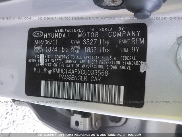 KMHCT4AEXCU033568 - 2012 HYUNDAI ACCENT GLS/GS SILVER photo 9