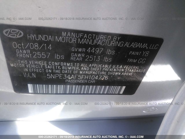 5NPE34AF5FH104776 - 2015 HYUNDAI SONATA SPORT/LIMITED SILVER photo 9