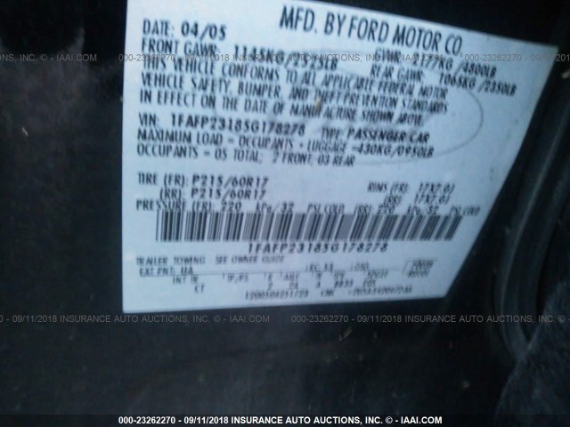 1FAFP23185G178278 - 2005 FORD FIVE HUNDRED SE BLACK photo 9