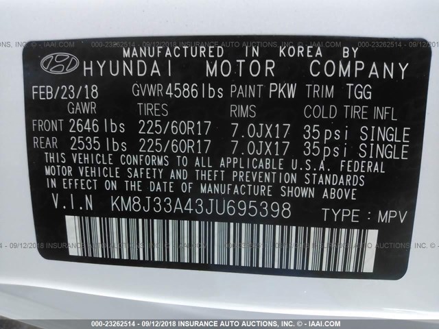 KM8J33A43JU695398 - 2018 HYUNDAI TUCSON SEL/SEL PLUS WHITE photo 9