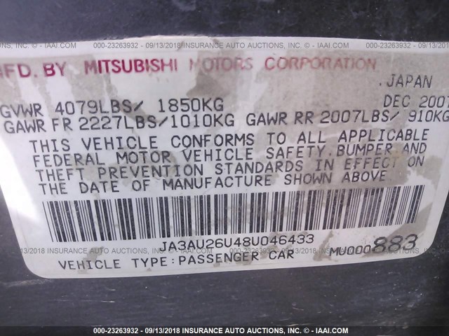 JA3AU26U48U046433 - 2008 MITSUBISHI LANCER ES GRAY photo 9