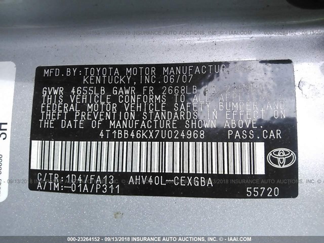 4T1BB46KX7U024968 - 2007 TOYOTA CAMRY NEW GENERAT HYBRID SILVER photo 9