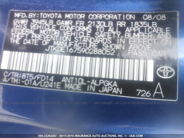 JTKDE167590288052 - 2009 TOYOTA SCION TC 蓝色 照片 9