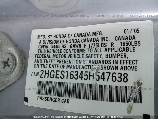 2HGES16345H547638 - 2005 HONDA CIVIC DX VP Gümüş foto 9