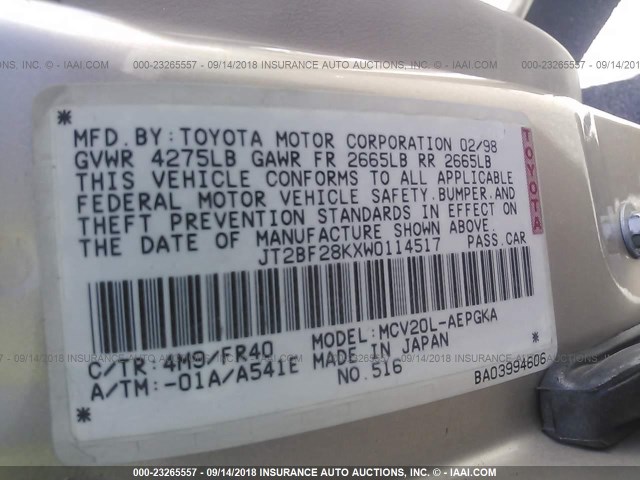 JT2BF28KXW0114517 - 1998 TOYOTA CAMRY LE/XLE TAN photo 9