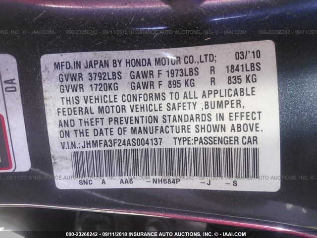 JHMFA3F24AS004137 - 2010 HONDA CIVIC HYBRID GRAY photo 9