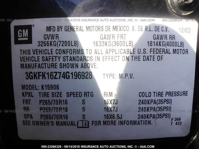 3GKFK16Z74G196928 - 2004 GMC YUKON XL K1500 BLUE photo 9